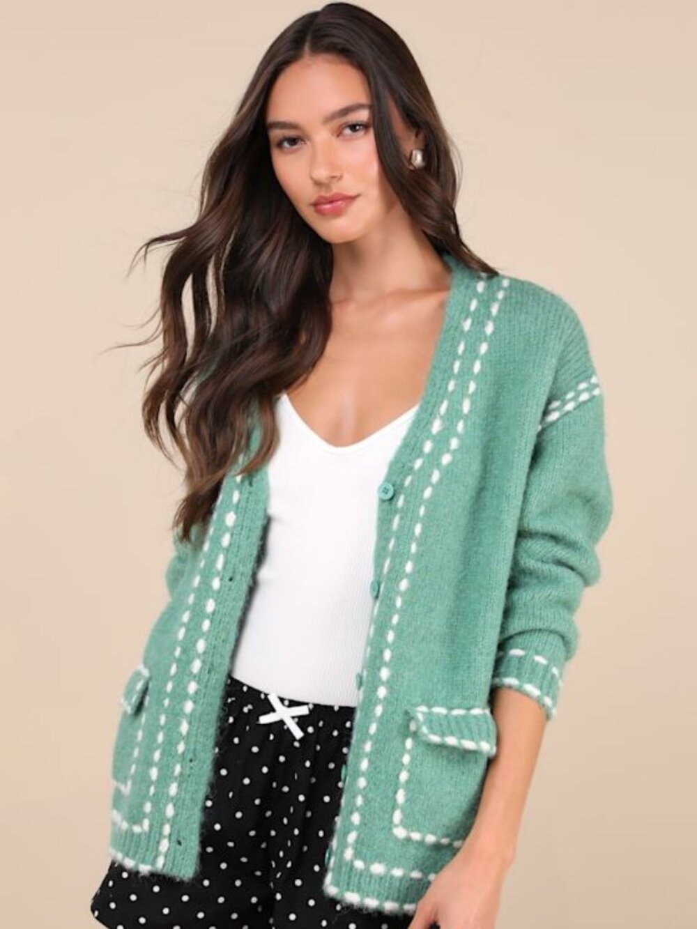 Lulus Cuddly Effect Green Contrast Stitched Cardigan Sweater - Size M